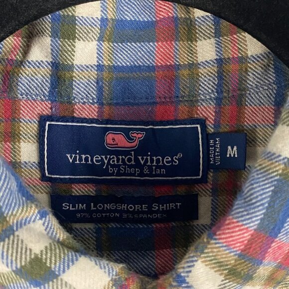 Vineyard Vines Slim Longshore Flannel Shirt Mens Medium Blue Red Plaid Button Up - Picture 4 of 9